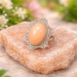 Peach Cabochon Sterling Silver Statement Ring Sz 9.5, Blush Quartz Cocktail Ring
